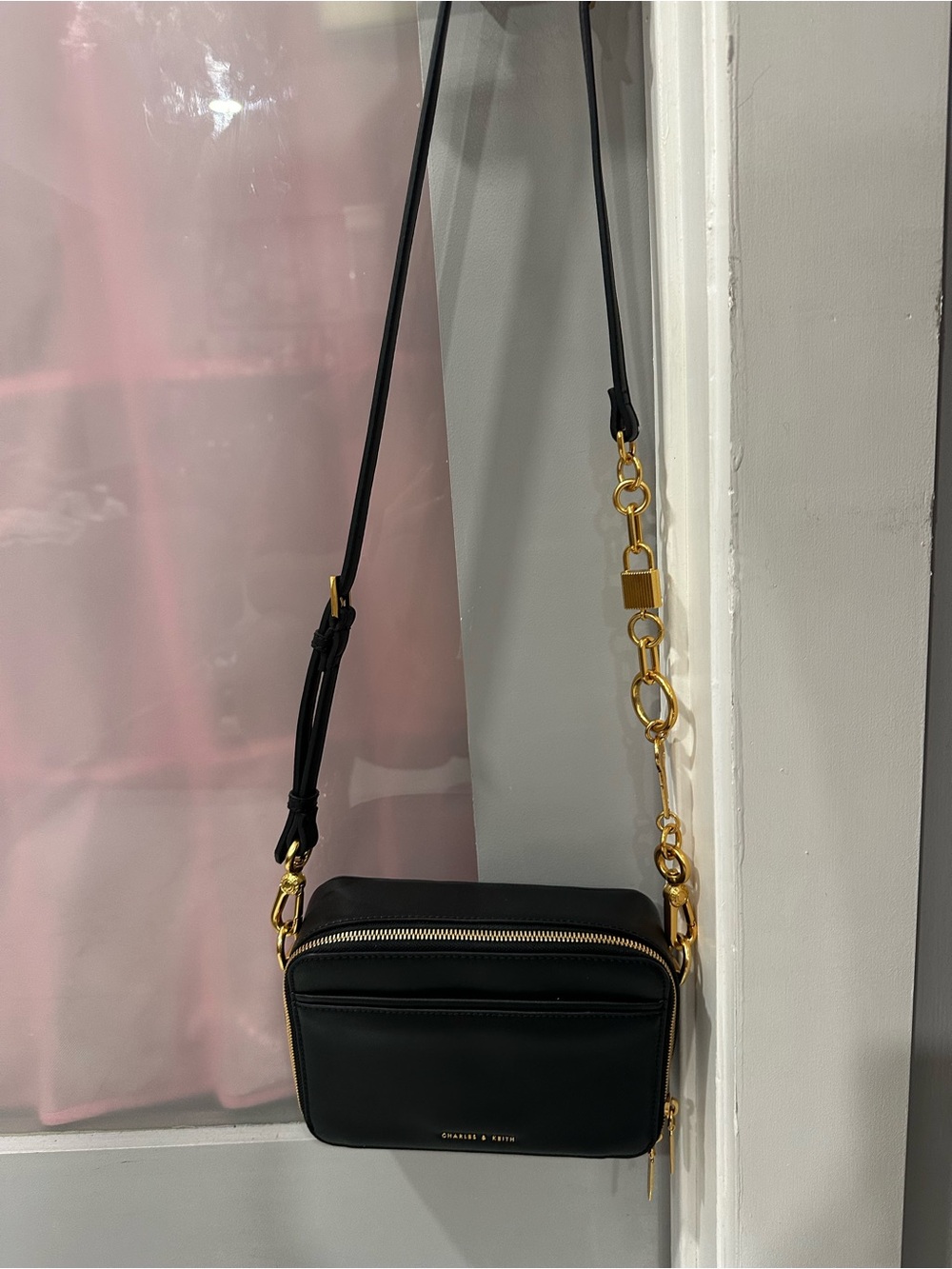 Charles & Keith Black Crossbody Bag with Gold Lock & Key Accent